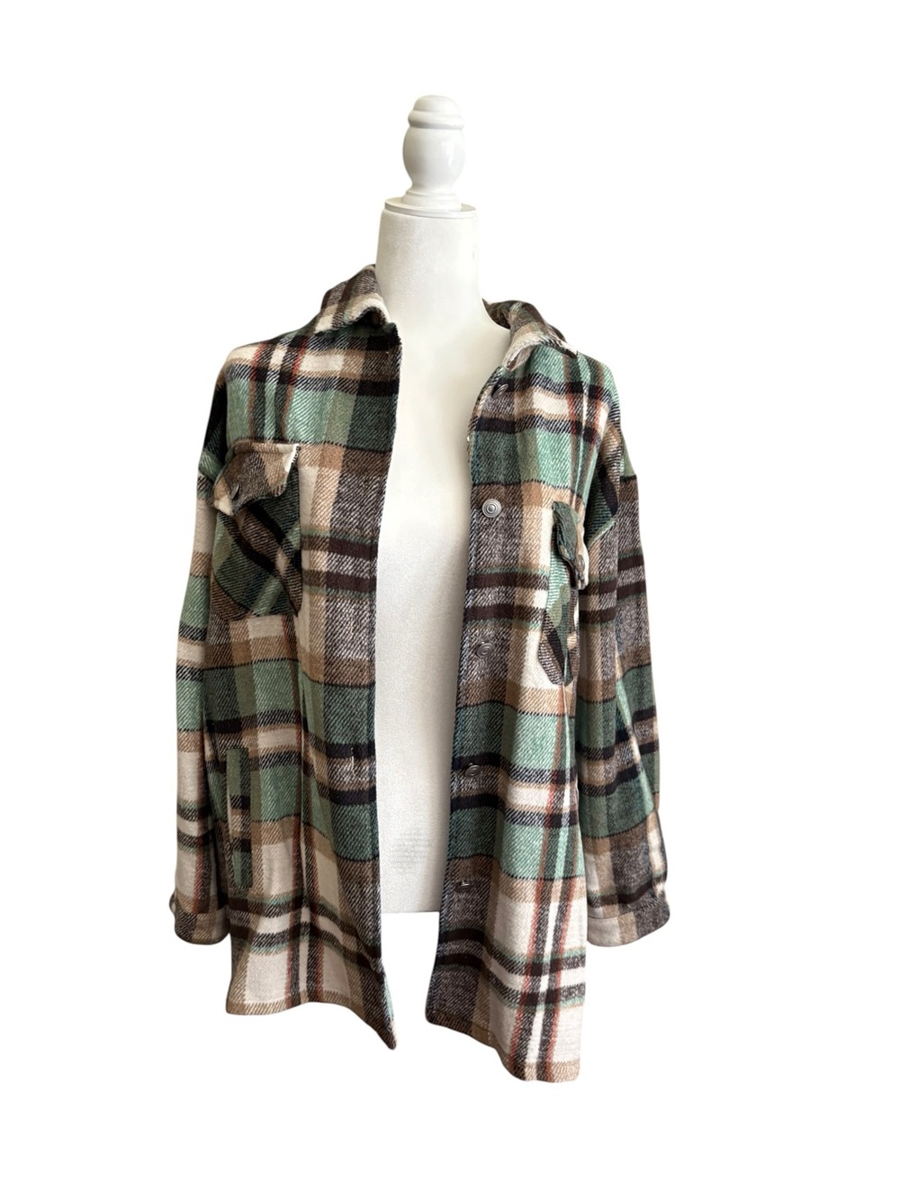 Amazon Plaid Utility Shacket in Green, Brown & Cream